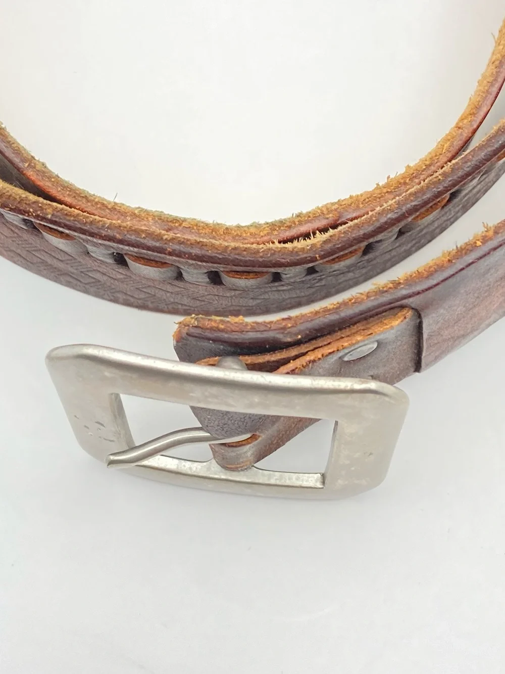 CAbi Genuine Leather Belt Medium Brown Tooled Western Boho Tassel Buckle